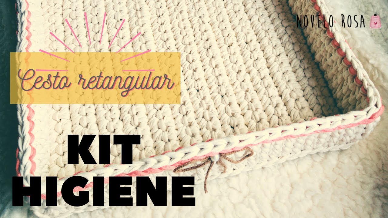 Kit Higiene - Cesto retangular - Completo - Em crochê com fio de malha - (Novelo Rosa) PARTE 2