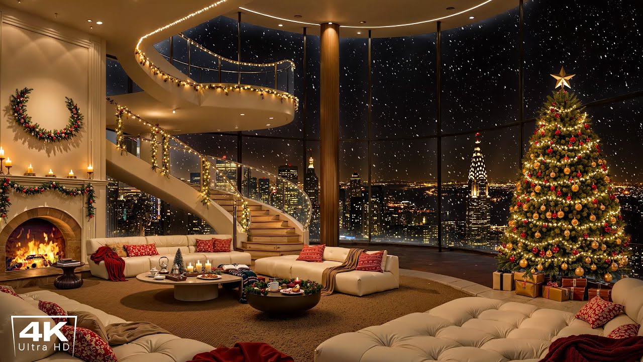 Cozy Christmas Night 🎄 Luxury Apartment Ambience with Smooth Piano Jazz & Fireplace Sounds to Unwind