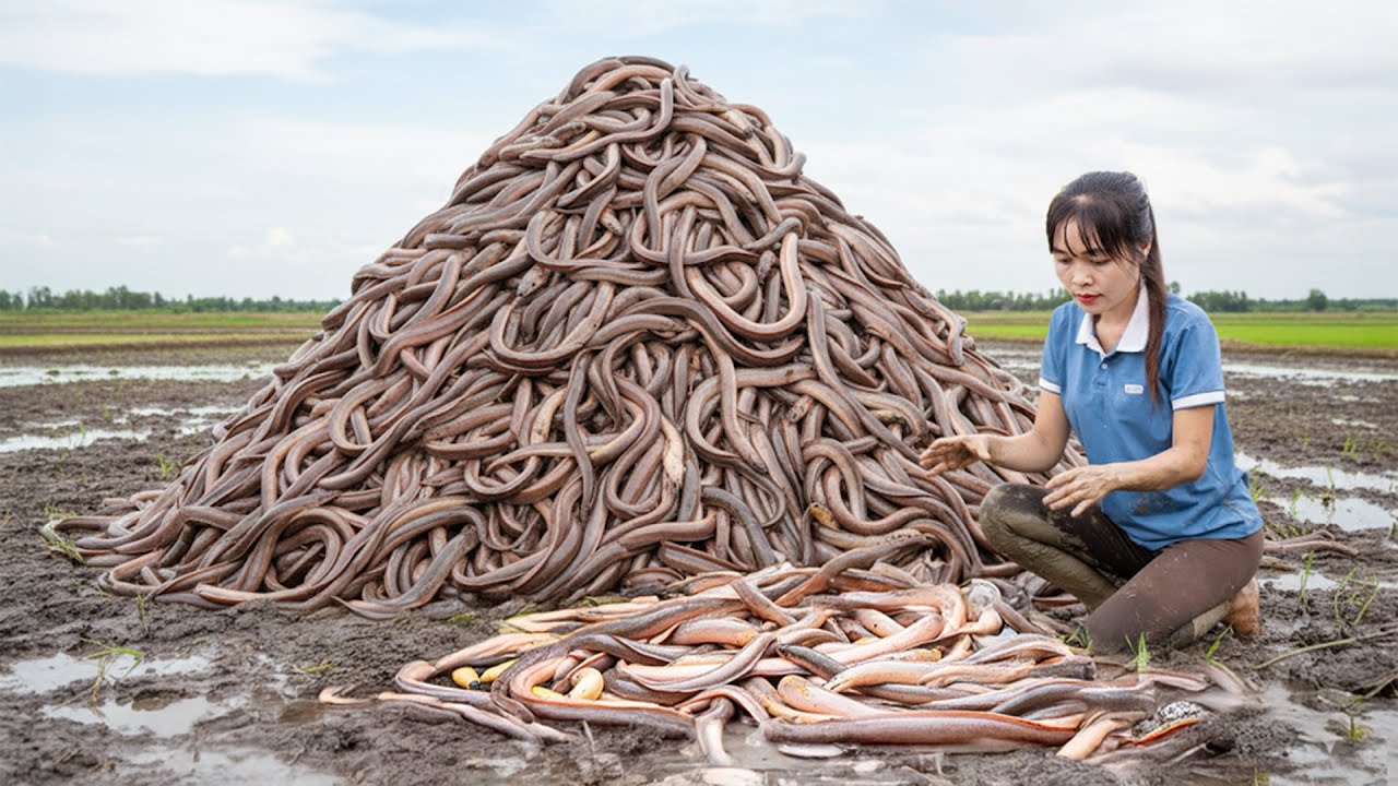 Mãe Solteira Captura Enguias Gigantes no Campo – Técnica Primitiva e Ousada de Pesca Vida na Fazenda