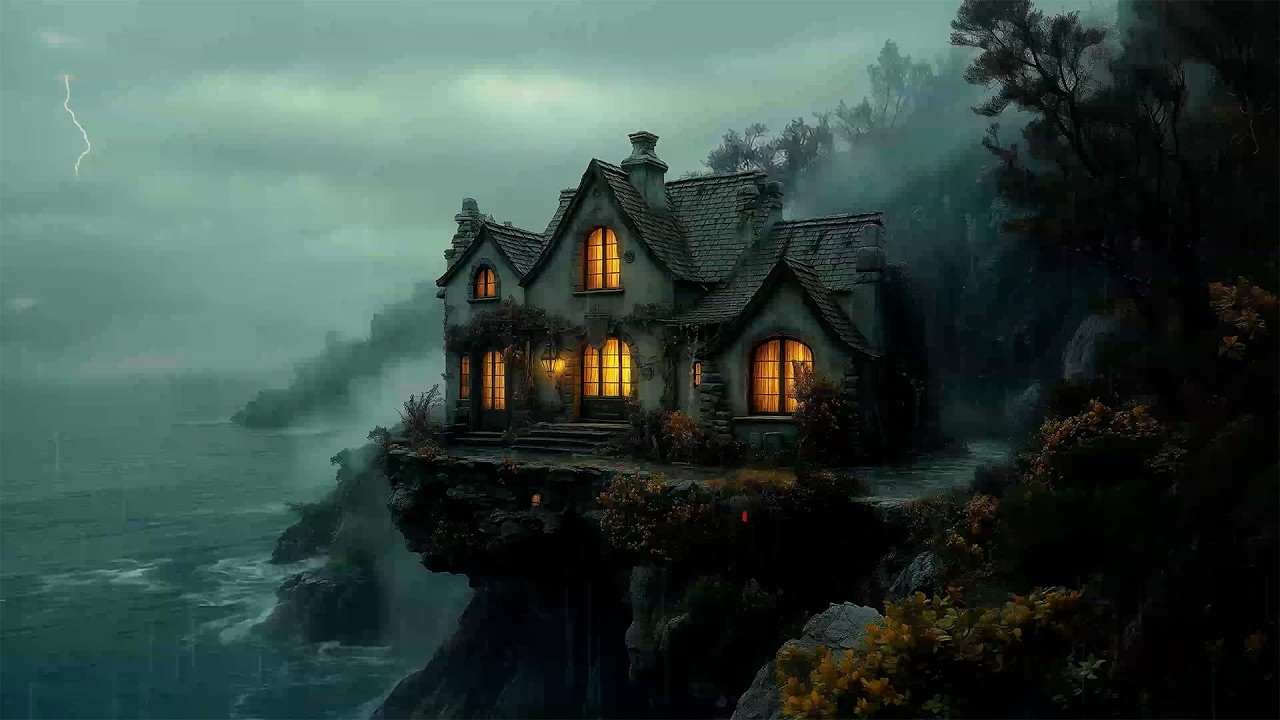 Stormy Cliffside Gothic Cottage | Thunderstorm Waves with Melancholic Piano | Rainy Dark Academia