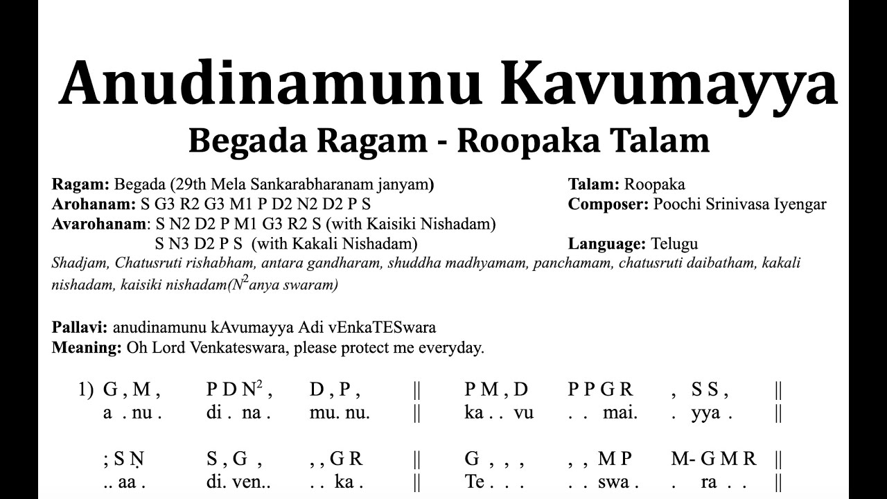 Anudinamunu Kavumayya Adi Venkateswara with Notation - Begada
