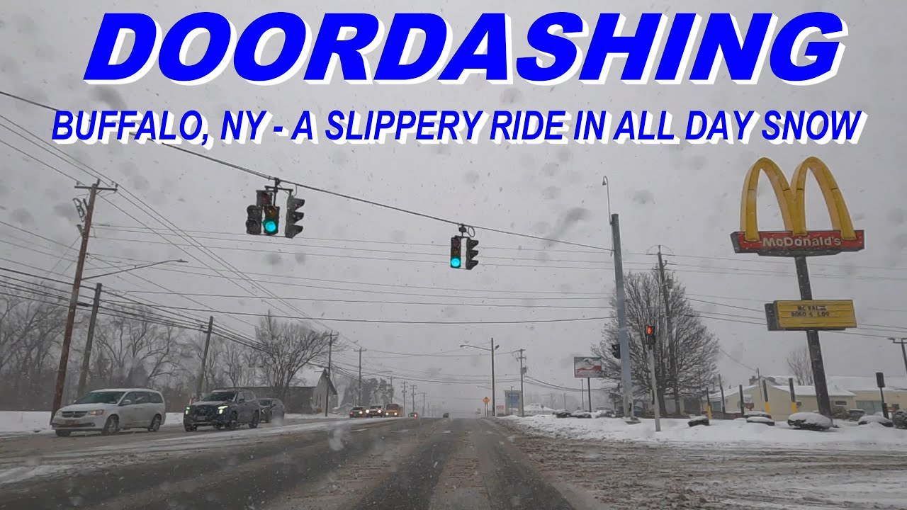 Door Dash Driving in Buffalo, Newyork - Very Challenging Driving Conditions in Steady All Day Snow