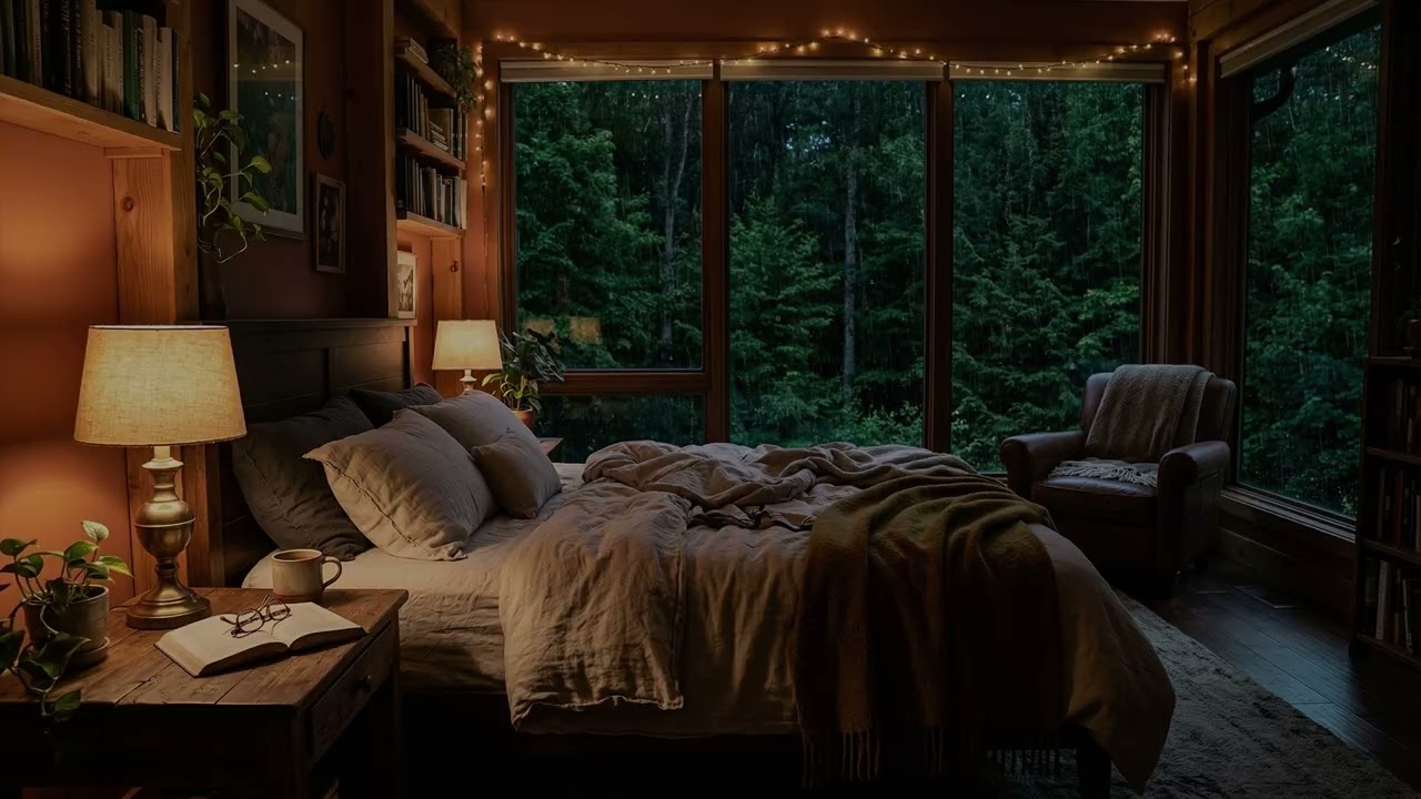 Gentle Rain 🌧️ Whispering Beyond The Bedroom Glass As Quiet Forest Trees 🌳 Rest