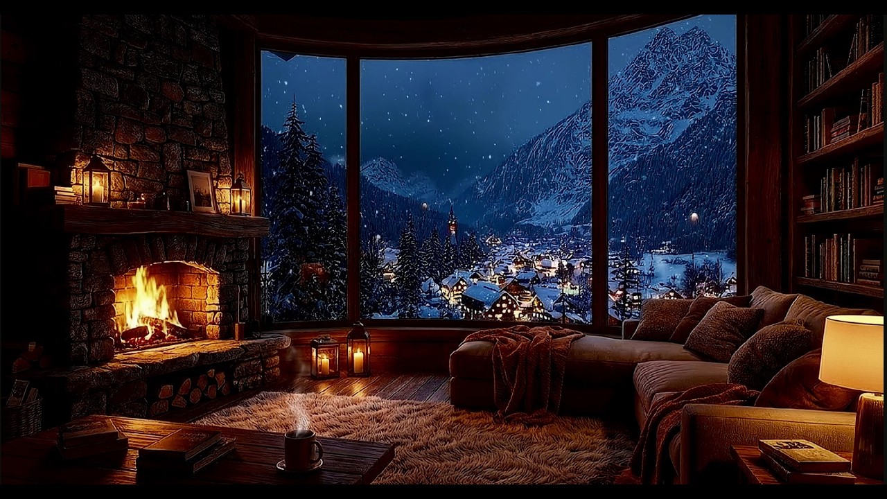 Warm Winter Cabin Night Ambience with Soft Fire Crackles and Snow Sounds for Deep Sleep and Focus