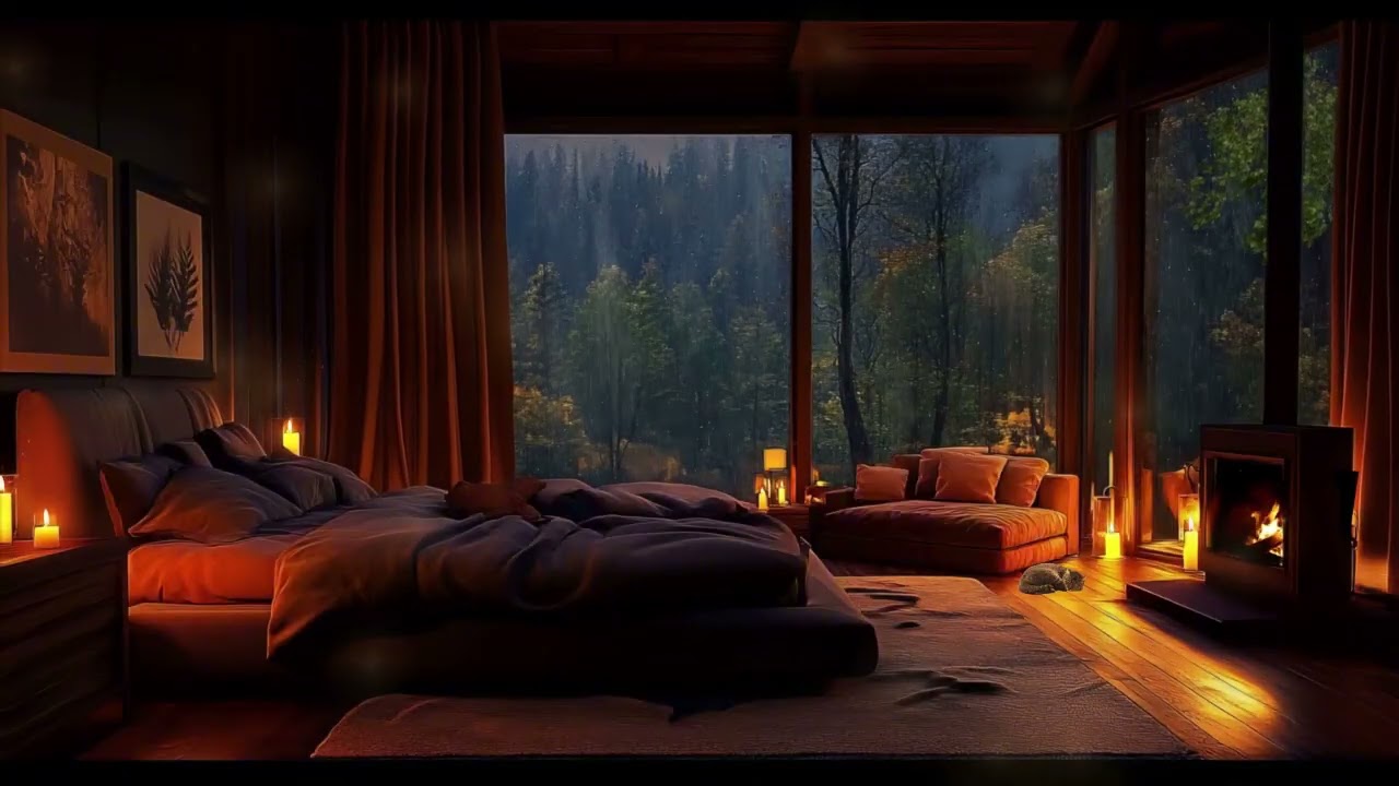 Cozy Bedroom Night Ambience with Rain Sounds and Piano ASMR for Deep Sleep and Relax