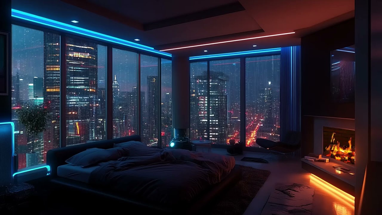 Relaxing Rain and Fireplace Sounds in a Modern City Apartment for Deep Sleep and Relaxation