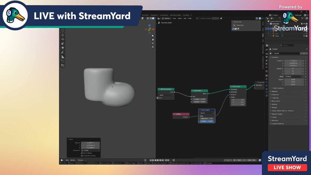 Sdf boolean, blender geometry nodes (stream)