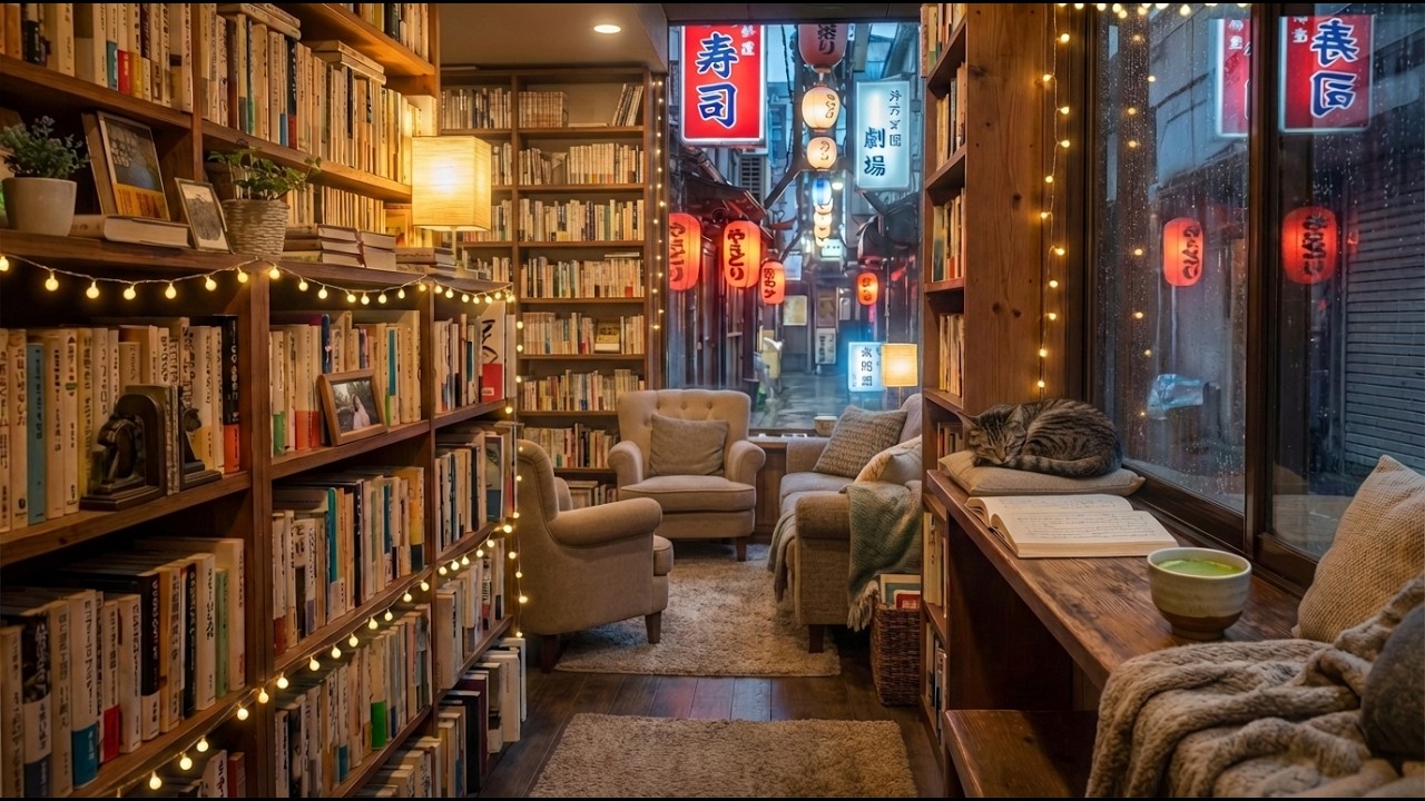 Cozy Japanese Bookstore in the Rain 📚🌧️ Warm Lights & City Ambience | 4K Relaxing Study (2 Hours)