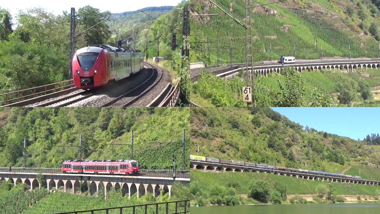 Züge auf dem Pündericher Hangviadukt (Bahnstrecke Koblenz-Trier)
