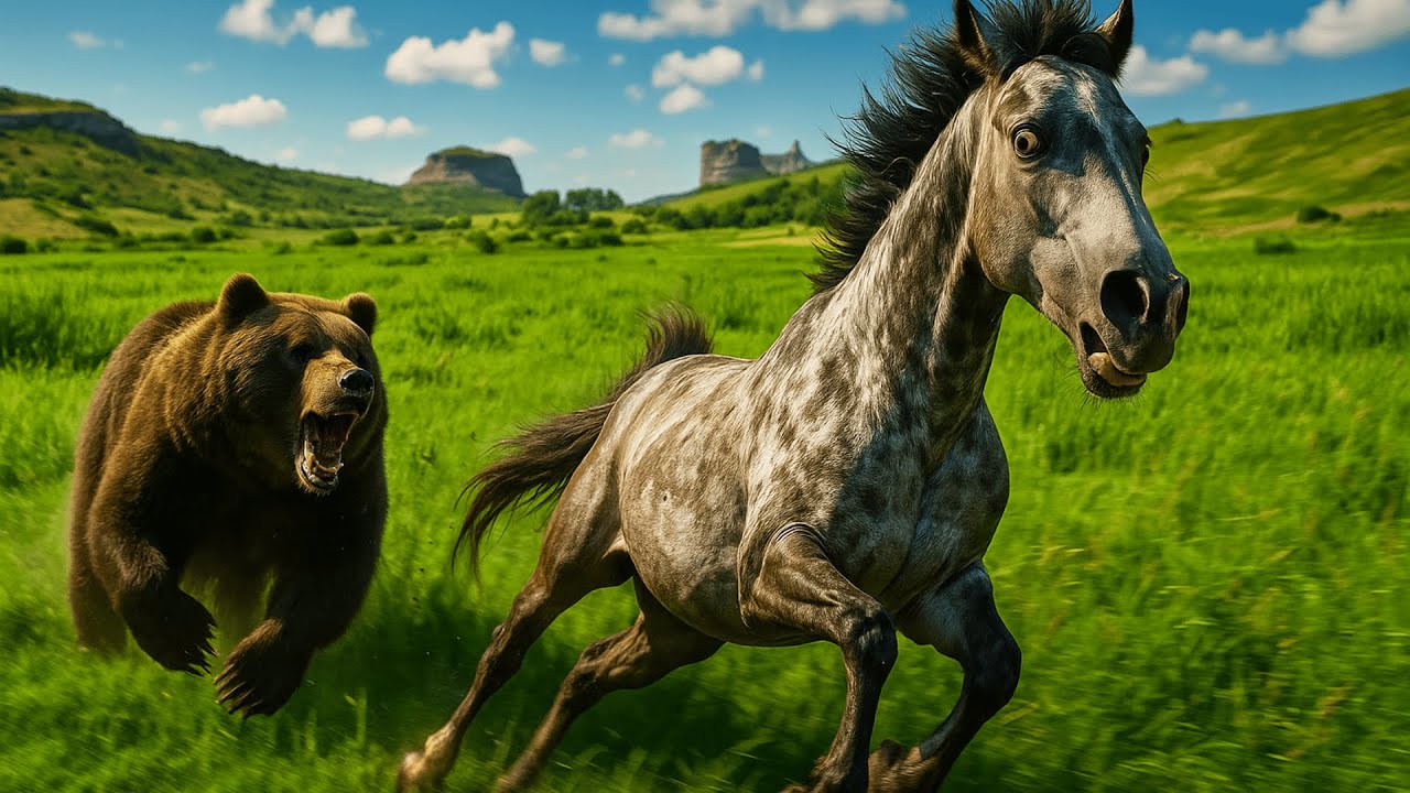 A Beautiful Wild Horse Hunted by 3 Hungry Bears in the Grass Land – Intense Chase