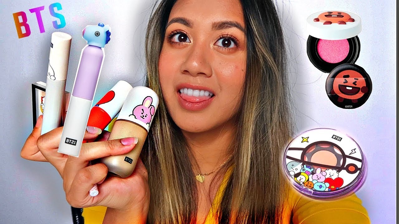 TRYING ON BTS MAKEUP! (BT21 x VT COSMETICS) REVIEW