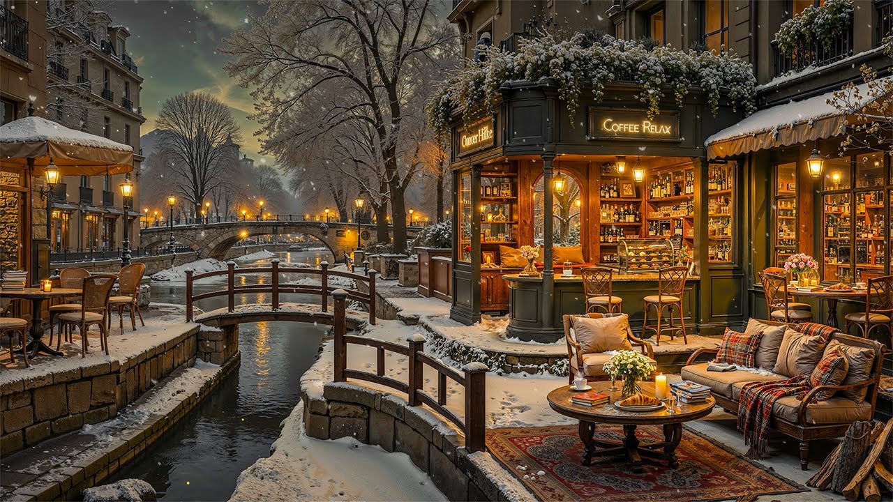 Quiet Winter Night Jazz by a Snowy Riverside Coffee Shop Village ⛄ Warm Jazz Music for Work, Study