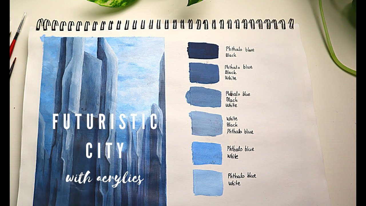 Sketching & painting: Futuristic city in blue  // Acrylic painting time lapse - cityscape