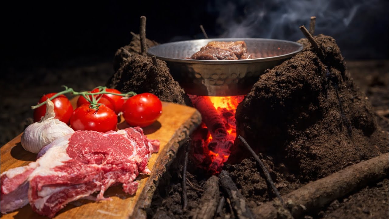 Silent Night Cooking in the Wild | Solo Campfire Meat ASMR
