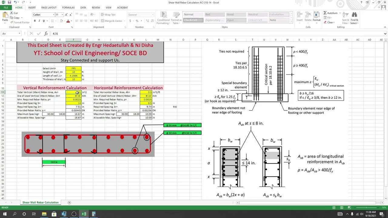 26. Etabs 2020 Tutorials | Shear Wall Design | Rebar Calculation of Shear wall using Excel
