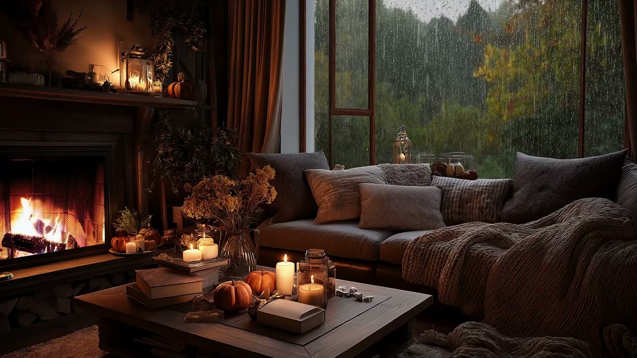 Cozy Winter Night Rain 🔥 Fireplace ASMR Sounds (3 Hours)