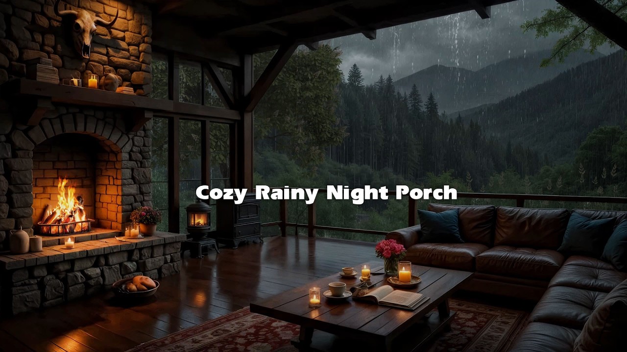 Cozy Rainy Night Porch 🌧️ Soft Fireplace Crackling & Gentle Rain Sounds for Deep Sleep Relaxation
