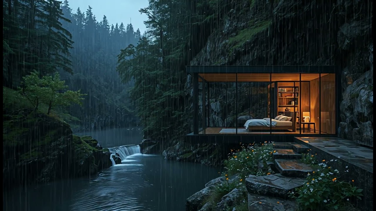 🌧️ Rain & River Sounds for Deep Sleep – Cozy Forest Gorge Cabin Night | No Thunder