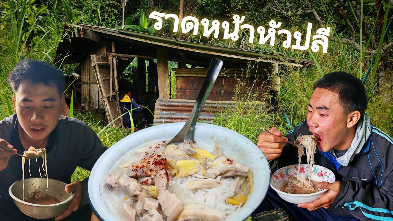 พายงและพนมกรไปช่วยตัดหญ้ามาเลี้ยงวัวของวรวิช ทำราดหน้าหัวปลีป่ากินกันอร่อยมาก [วรวิช]