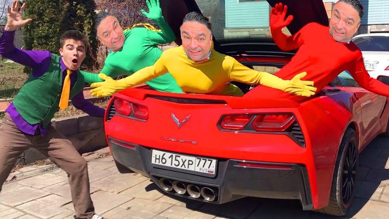 Mr. Joe climbed into Corvette's Trunk Car & Green Man turned in Red Man w/ Funny Yellow Man for Kids