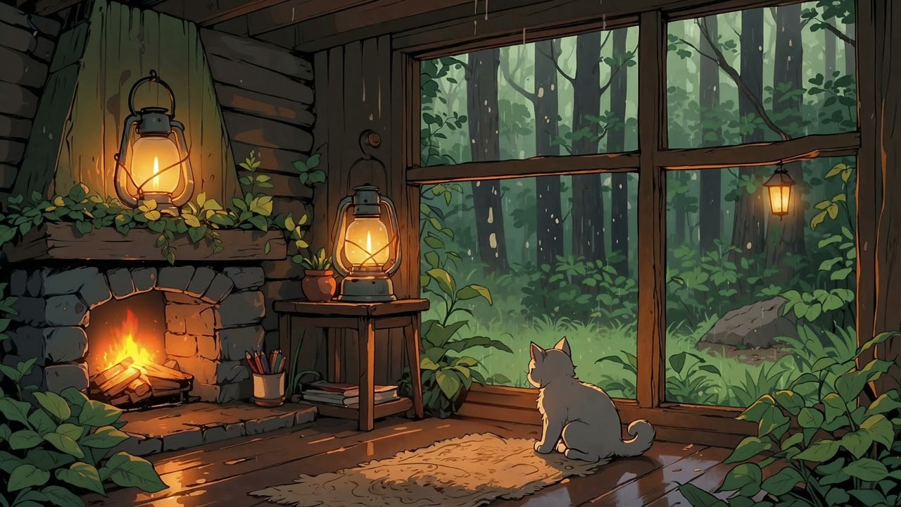 Rainy Day in a Forest Cabin | Cozy Fireplace & Cat Lofi Ambience 🌧️🐾