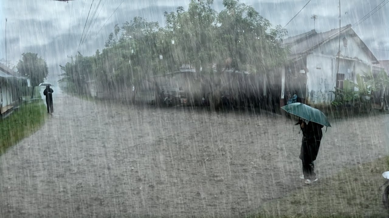 Rainstorm Walk in Empty Village with Powerful Wind and Natural Thunder Sounds ASMR 4K Video 129