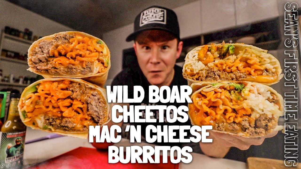 TWO MASSIVE WILD BOAR CHEETOS MAC 'N CHEESE BURRITOS | Sean's First Time Eating 🌯🧀 🐷