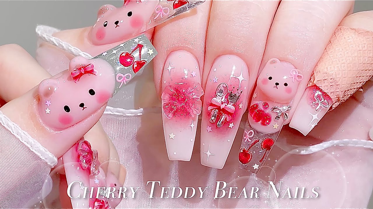 sub) Трендовые горизонтальные ногти!😎Ногти с вишневыми мишками🐻🍒/🇰🇷Корейские ногти / Нейл-арт / ASMR