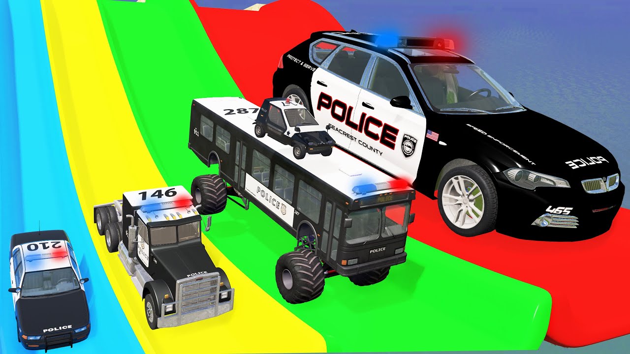 Big and Small Cars vs Slide Colors with Portal Trap – Police Cars Rescue Small Cars – BeamNG.Drive