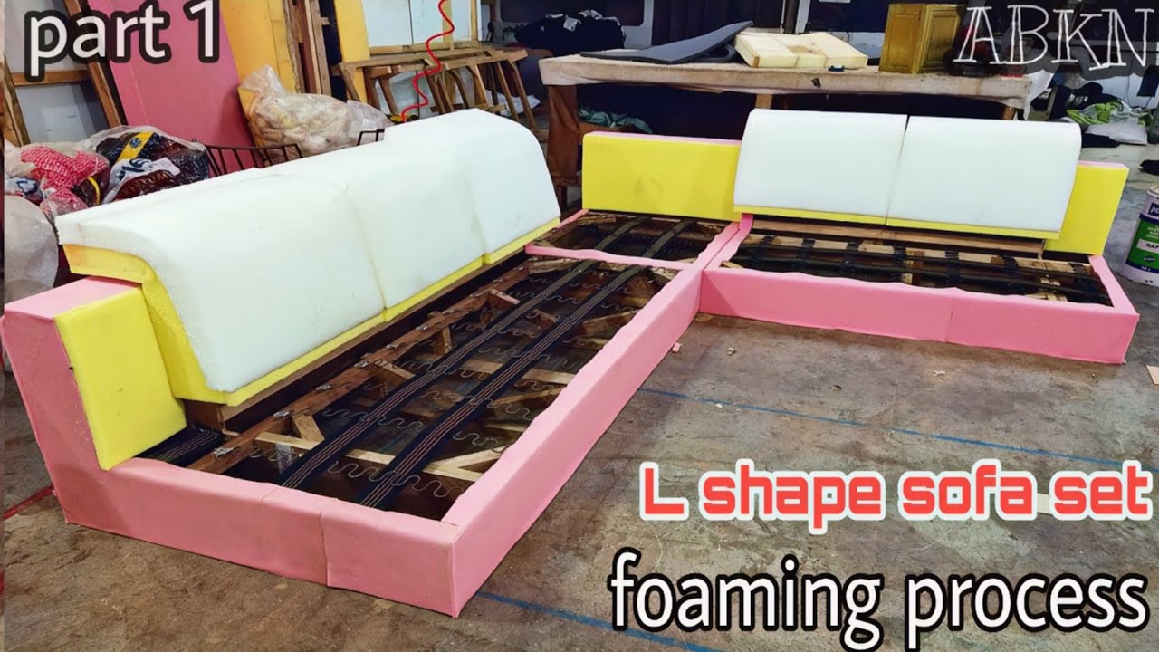 L shape sofa foaming process corner couch u shape hedrest fitting
