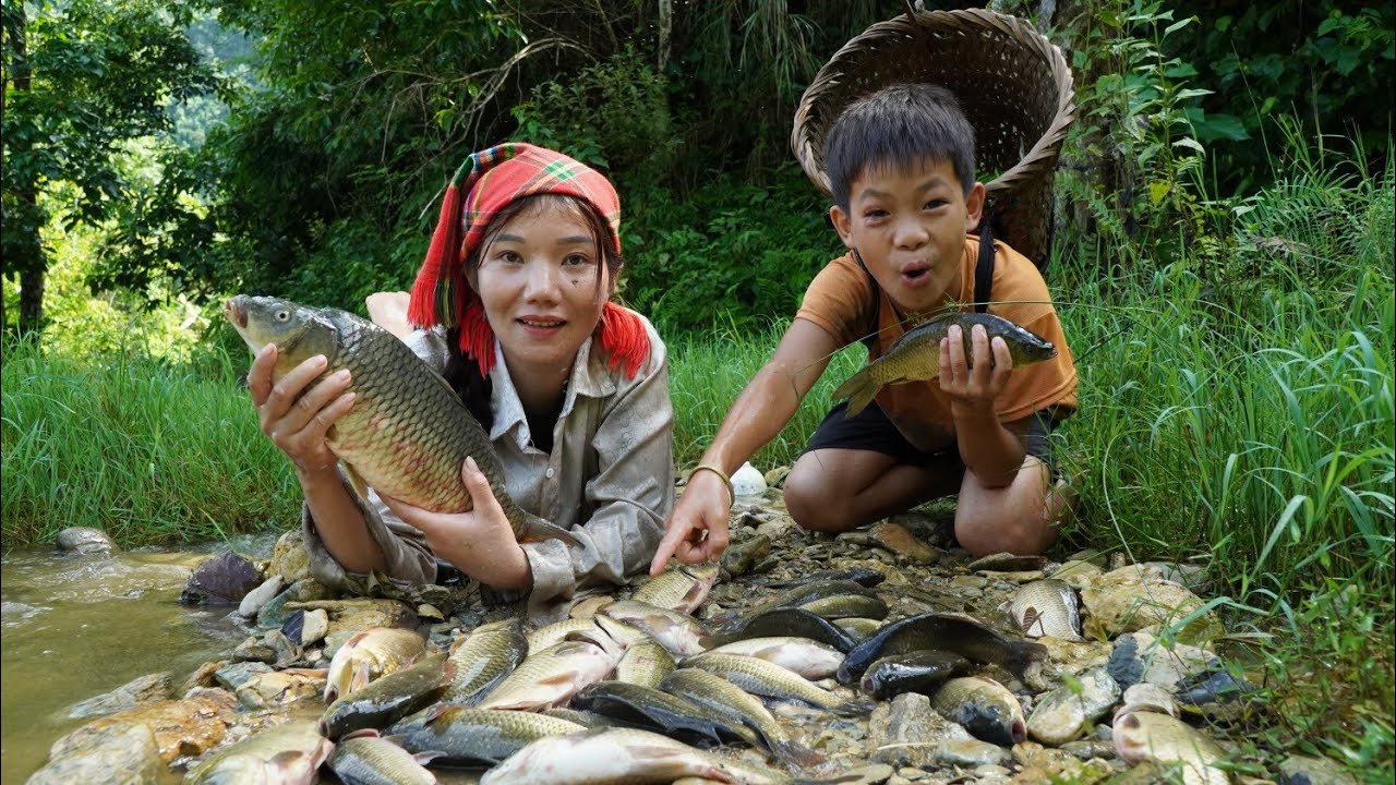 build new house, catch fish by hand to sell and buy raw rice.