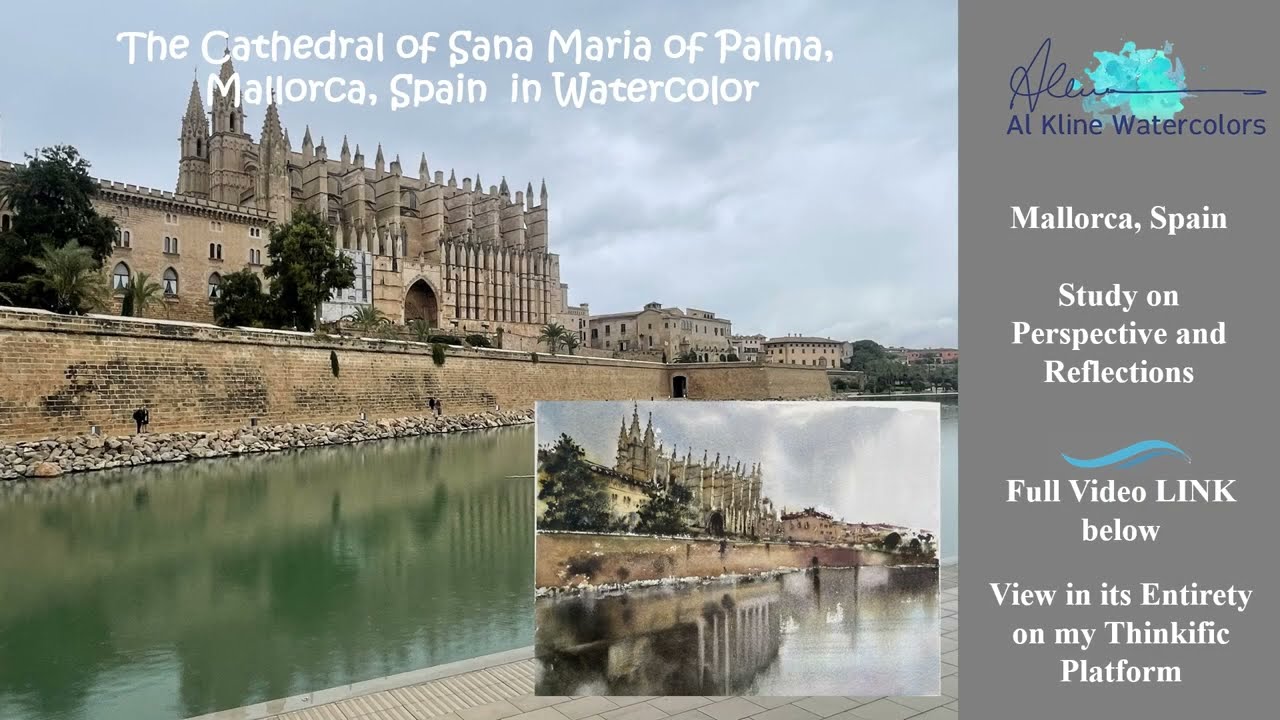 Watercolor Painting the Cathedral Santa Maria of Palma, Mallorca, Spain