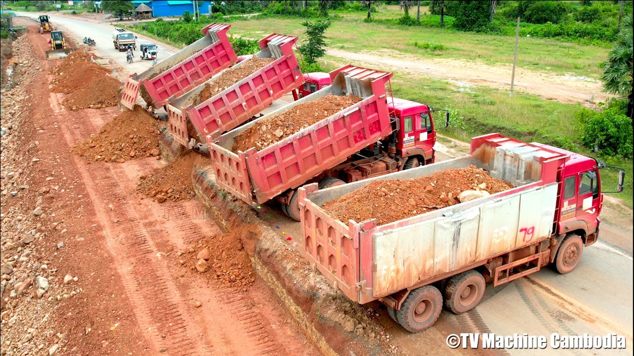 Wonderful Process Repair Foundation Road & Widening By Wheels10 Truck With Dozer Pushing Red Gravel