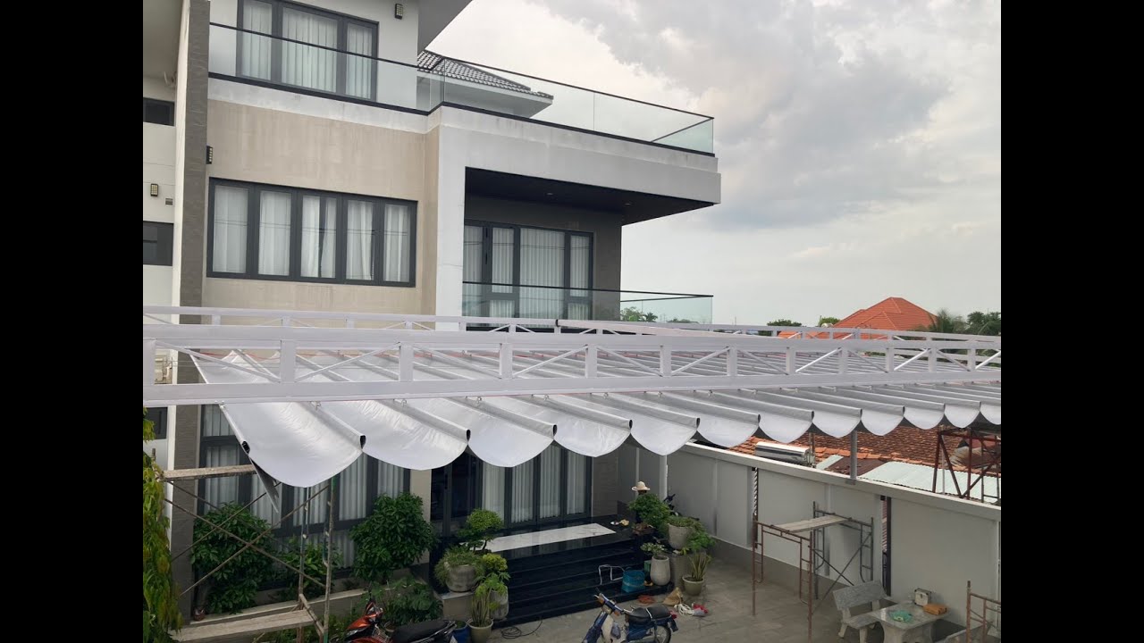 [ Mái bạt kéo giá rẻ ] Mái che sân trước nhà cho kiểu nhà hiện đại, nhà phố|LH: 0918.820.477