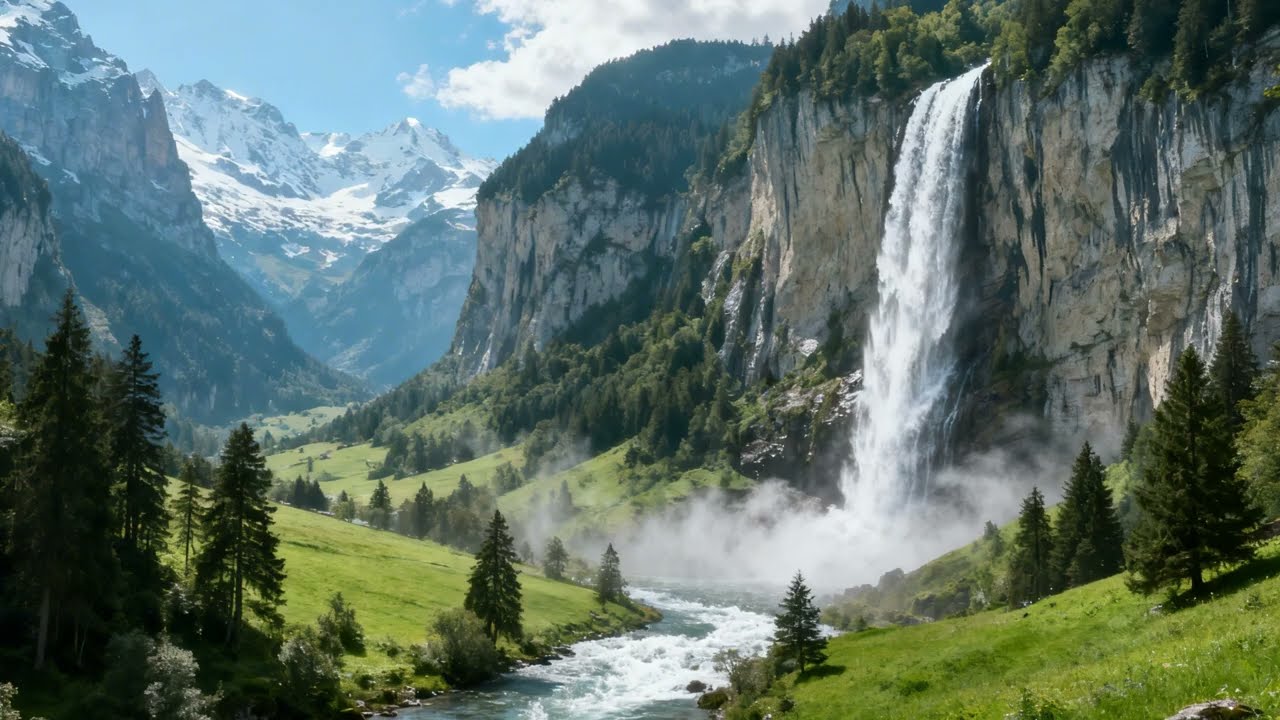 Lauterbrunnen Waterfall Switzerland-Deep Sleep Nature Sounds-Swiss Alps White Noise for Sleeping🏞️