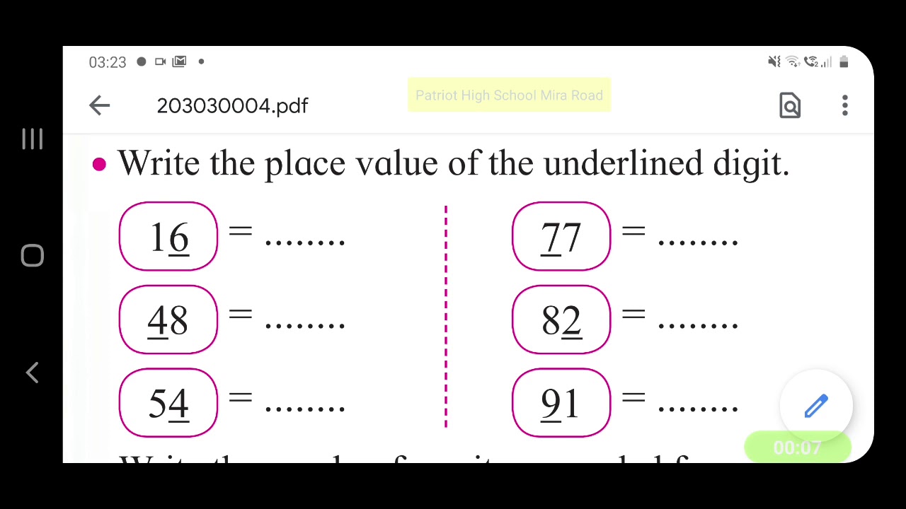 Std 2 Write place value of underlined digit