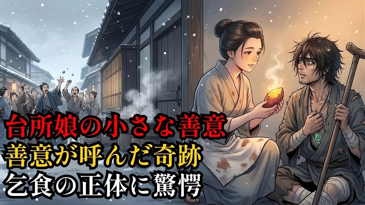 天下一の商家の若旦那が足の不自由な乞食に化け人の心を試す――石を投げられる中、半分の焼き芋を差し出した台所娘に都を震わせる婚礼の贈り物【日本昔話風物語】.