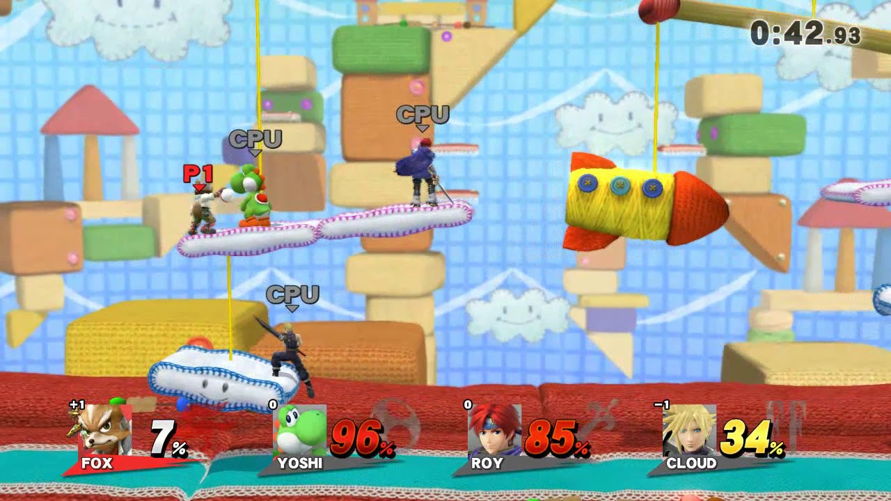Wii U - Super Smash Bros for Wii U - Woolly World - Fox, Yoshi, Roy, Cloud