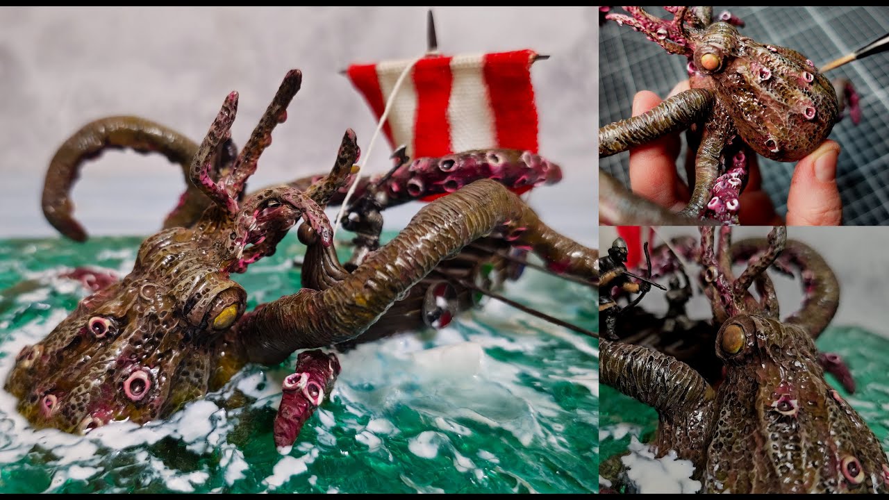 GIANT KRAKEN Hunts Vikings, Diorama, Resin, Polymer Clay