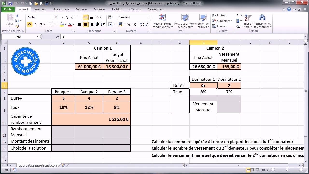 TP Excel n°6 : Choisir le meilleur emprunt et optimiser ses placements