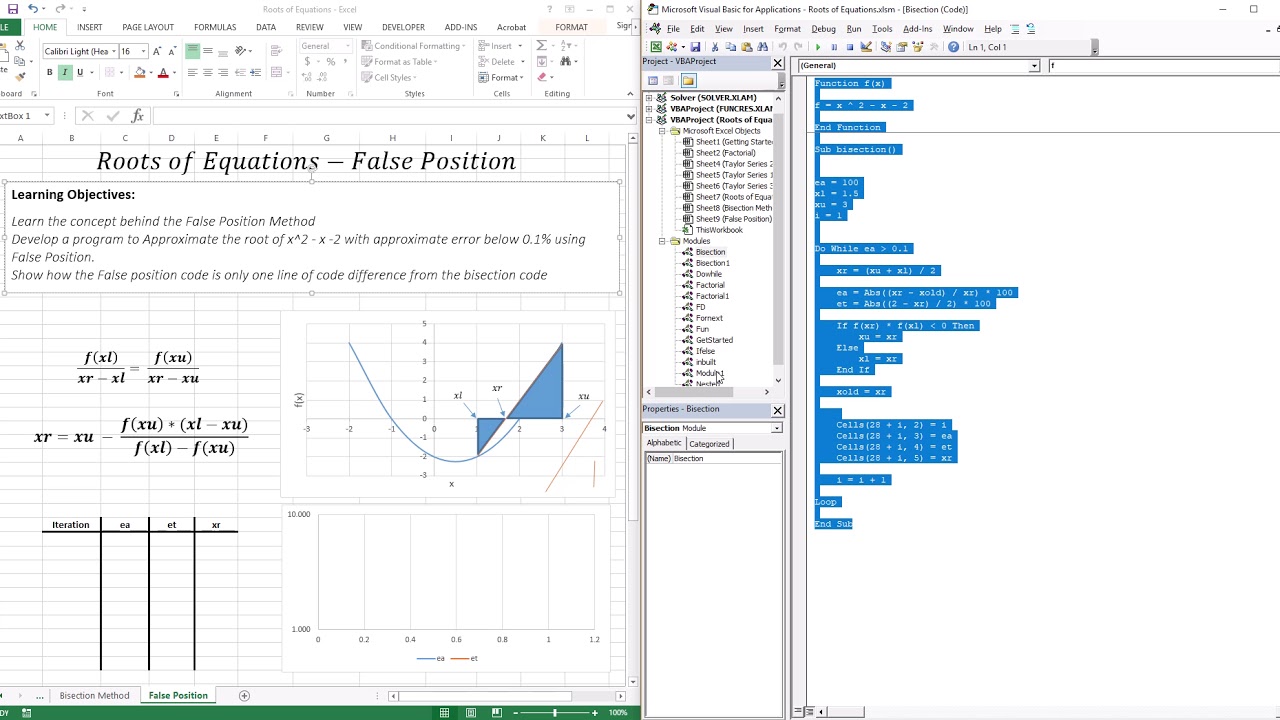 False Position & How it Compares to bisection Method - EXCEL/VBA