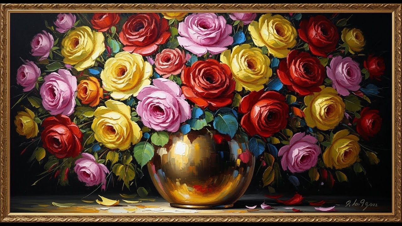 Frame TV Art with Music: Luxurious Roses in Gold Vase | Samsung Frame TV Art | Moody Floral Painting