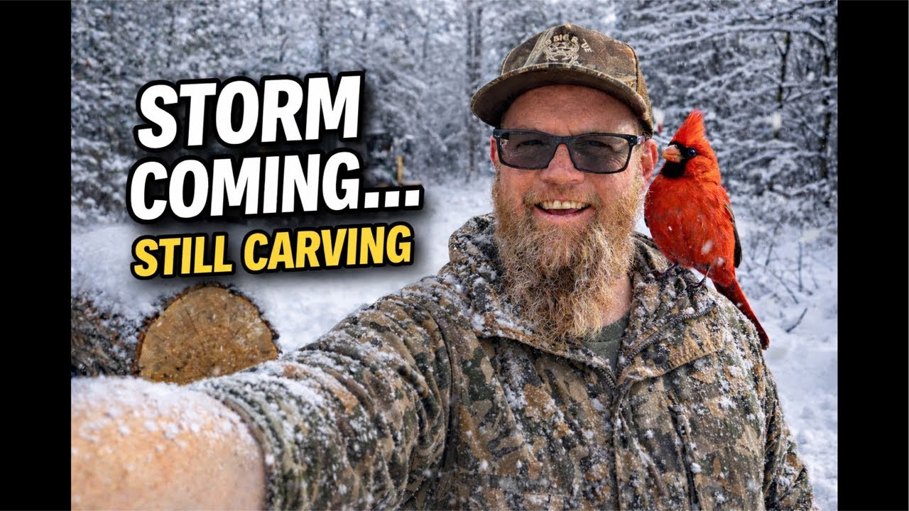 Chainsaw Carving a Winter Cardinal Scene as a Major Winter Storm Moves In ❄️🪵 LIVE
