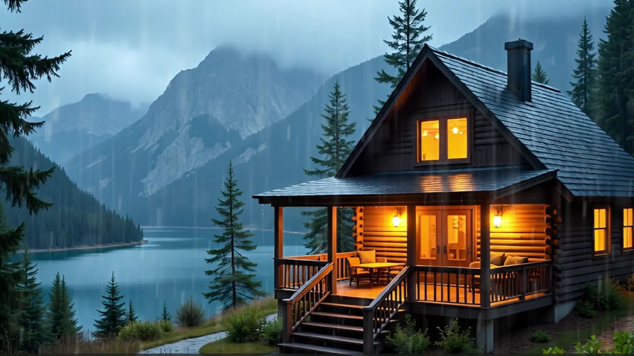 Heavy Rain by a Peaceful Cabin | Forest Ambience for Sleeping & Focus
