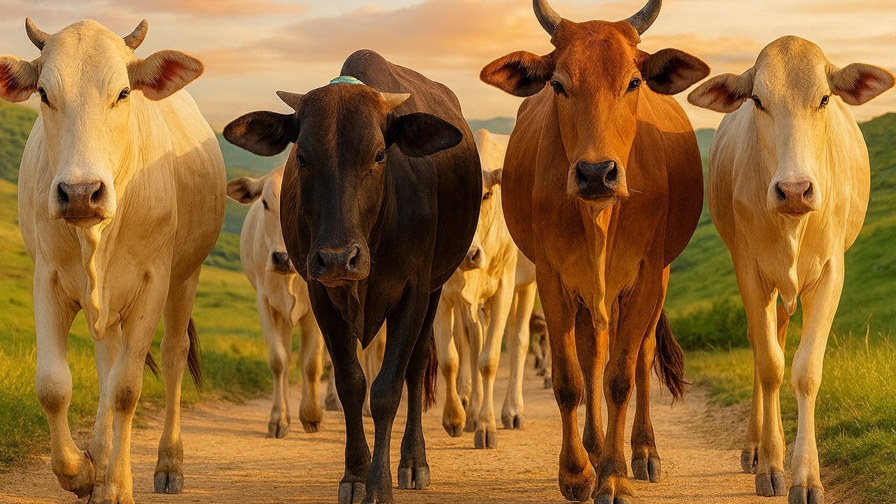 Puluhan sapi lembu jinak berkerumunan dengan semangat berjalan menuju kandang, Suara Moo