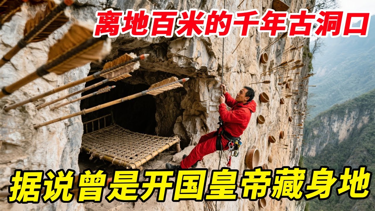 离地百米的千年古洞口，悬崖上插满碗口大的箭矢，据说曾是开国皇帝的藏身之处【户外小北哥】
