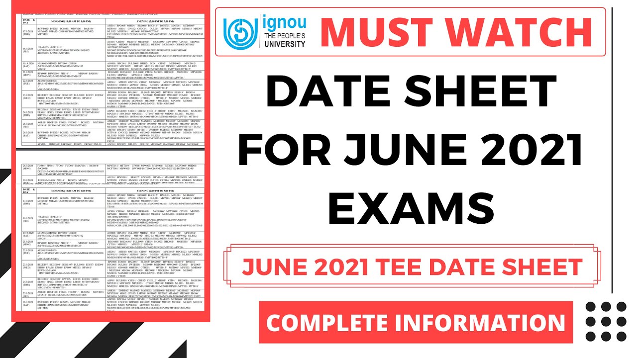 IGNOU DATE SHEET FOR JUNE 2021 EXAMS | JUNE 2021 TEE DATE SHEET DOWNLOAD