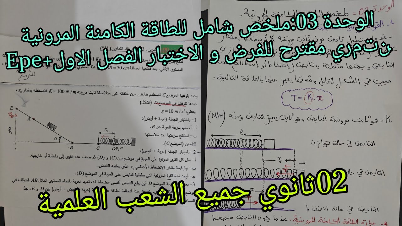ملخص شامل حول الطاقة الكامنة المرونية +تمرين مقترح للأختبار الفصل الاول للسنة 02ثانوي جميع الشعب ع 