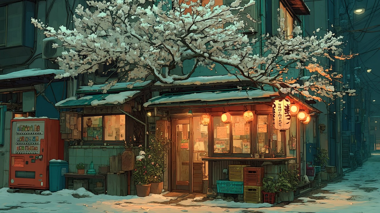 Snowy Sakura Ramen Shop 🌸 4H Night Focus Ambience | Cozy Cyberpunk Tokyo