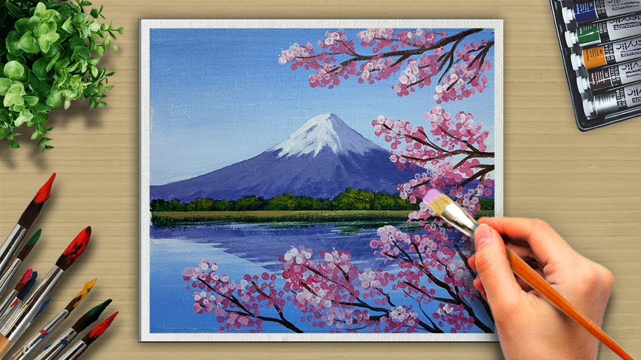 #39 Acrylic Art / Fuji Mountain / Cotton Buds Landscape technique/ Acrylic Painting.